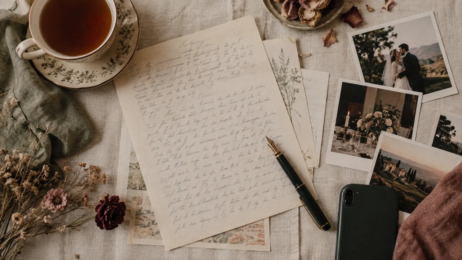 Wedding planning papers, a fountain pen, family snapshots and a cup of tea on a linen tablecloth
